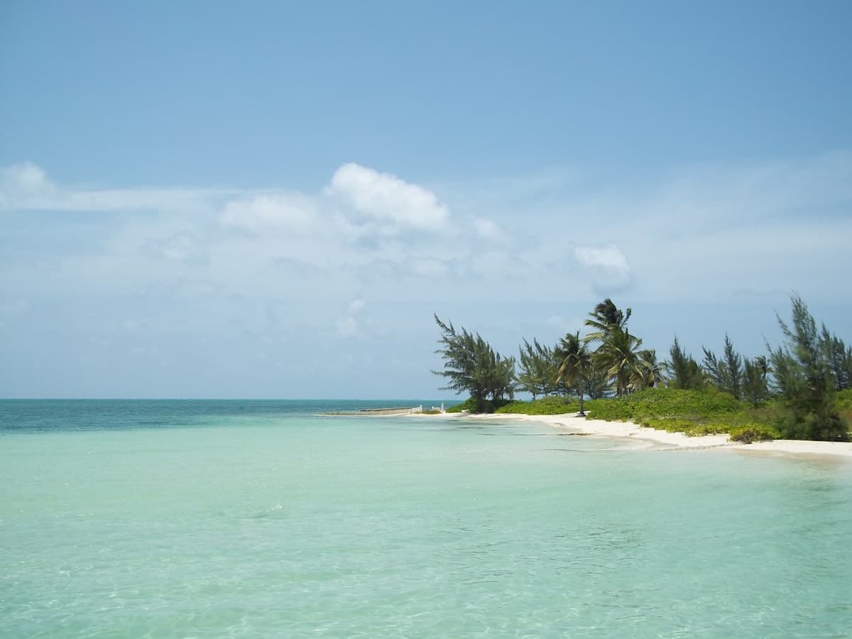 White sand and clear turquoise water along Seven Mile Beach in Grand Cayman with resort buildings visible in the background