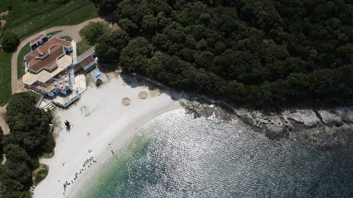 Aerial view of Ambrela Beach on Pula's Verudela peninsula, a white-pebble cove with a beach bar and terrace backed by dense pine forest beside clear turquoise water