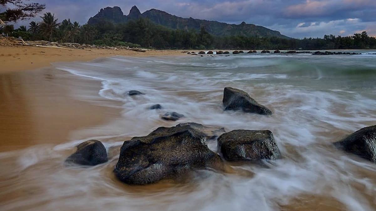 Anahola Beach Park on Kauai's east shore with reef-protected half-mile bay and ironwood trees behind the sand