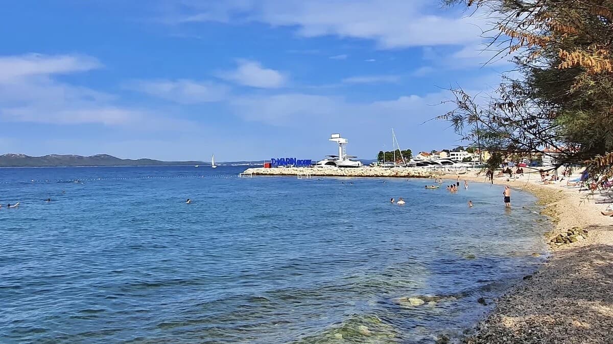 Borik beach in Zadar, the pebble shoreline curving toward the D-Marin Borik marina and its diving tower, with swimmers in the clear shallow water and pines along the shore