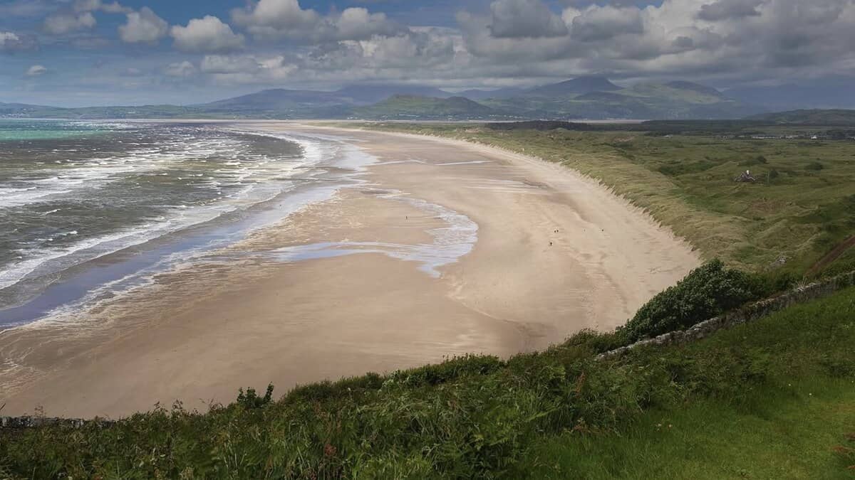 Elevated view of Harlech Beach in North Wales, a vast curve of golden sand backed by marram dunes, with tidal channels on the sand and the hills of Eryri across the bay