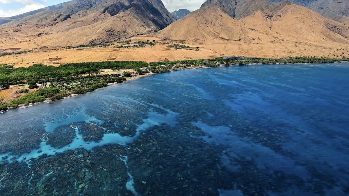 Olowalu Beach Maui at Mile Marker 14 with the fringing coral reef visible offshore