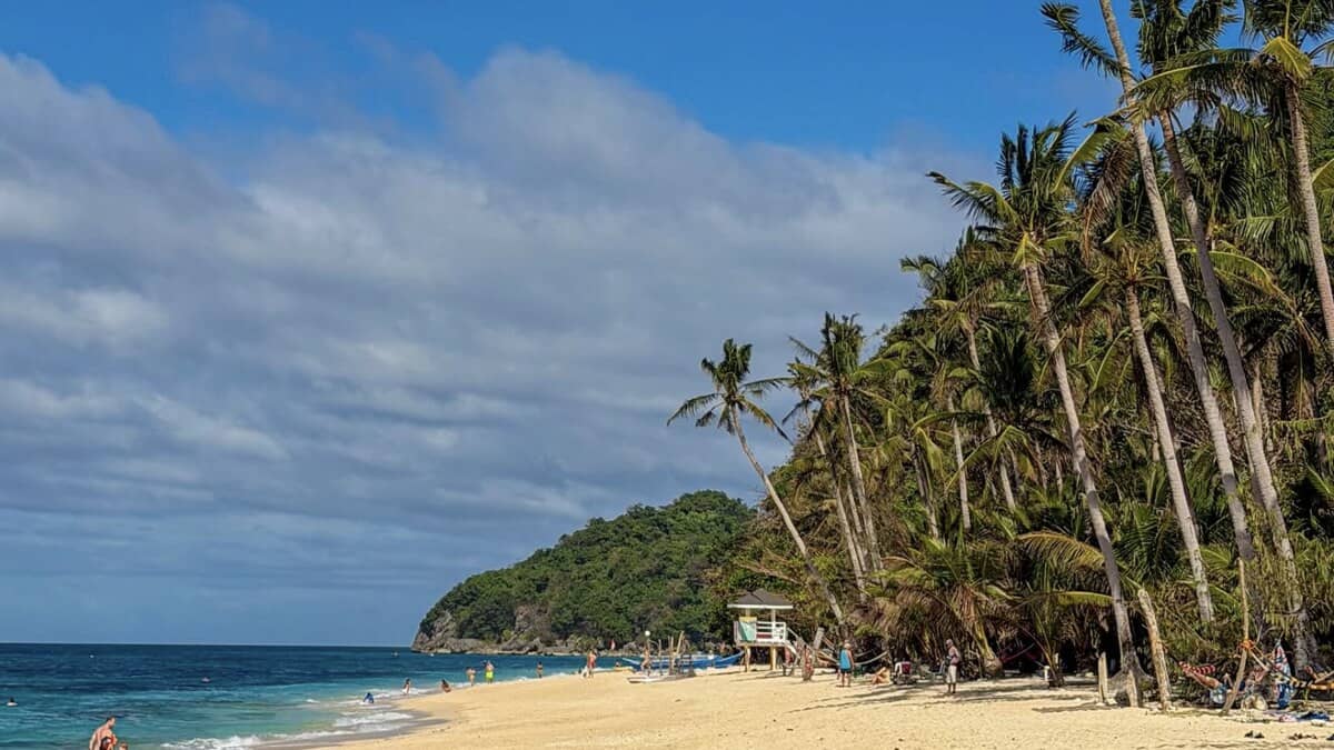 Puka Beach on Boracay's northern tip, a wide beach of pale golden sand lined with leaning coconut palms below a forested headland, meeting clear turquoise water