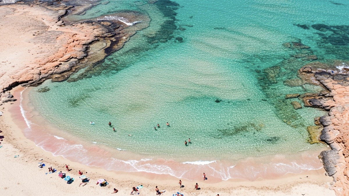 Elafonissi beach on Crete, shallow turquoise water over pink-tinged sand with low dunes behind