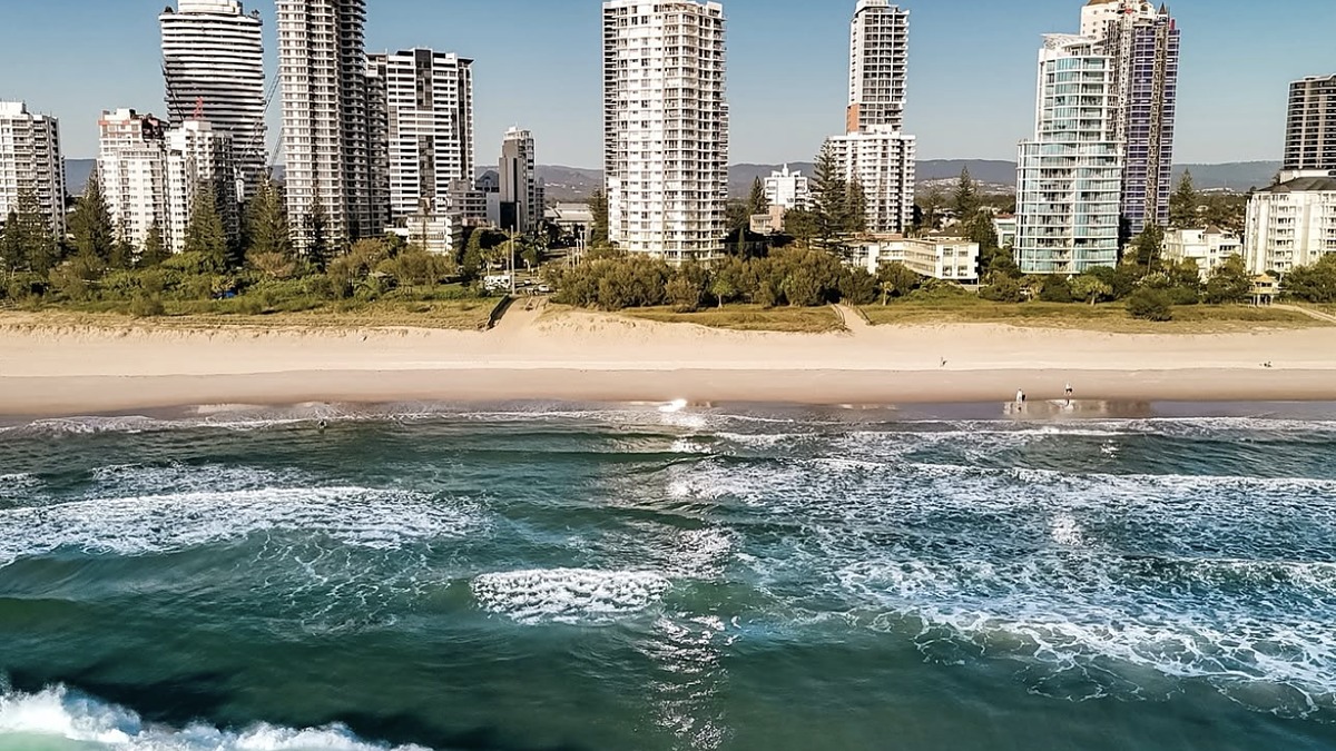 Broadbeach on the Gold Coast, a patrolled beach with dining and shopping behind and fewer crowds than Surfers