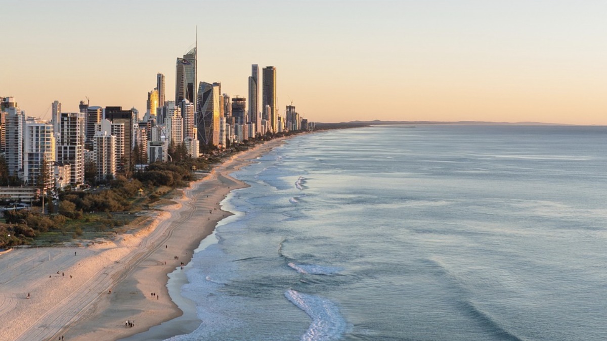 Surfers Paradise on the Gold Coast, a wide patrolled beach backed by the high-rise skyline