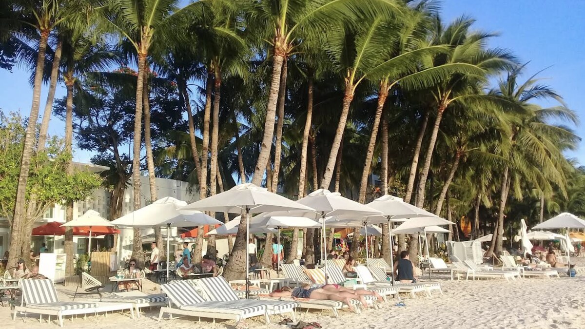 Rows of sun loungers and white umbrellas under tall leaning coconut palms on the white sand of White Beach, Boracay, in golden afternoon light