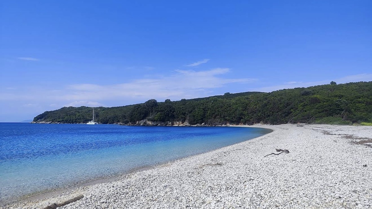 Avlaki Beach on the northeast coast of Corfu, a long sheltered pebble-and-sand bay with calm clear water