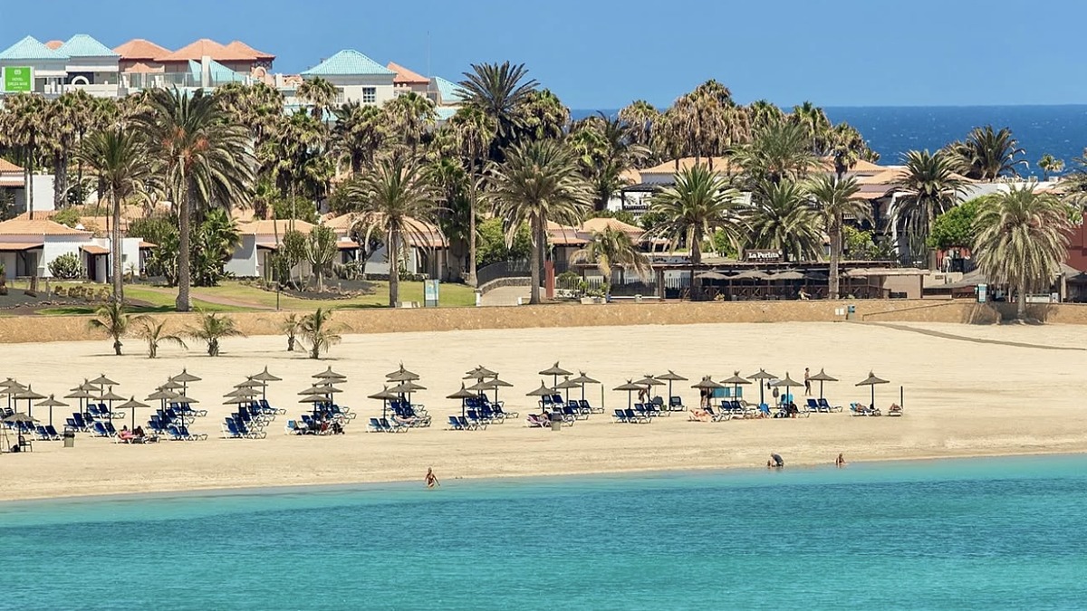 Caleta de Fuste on the east coast of Fuerteventura, a calm horseshoe resort bay that works well for families