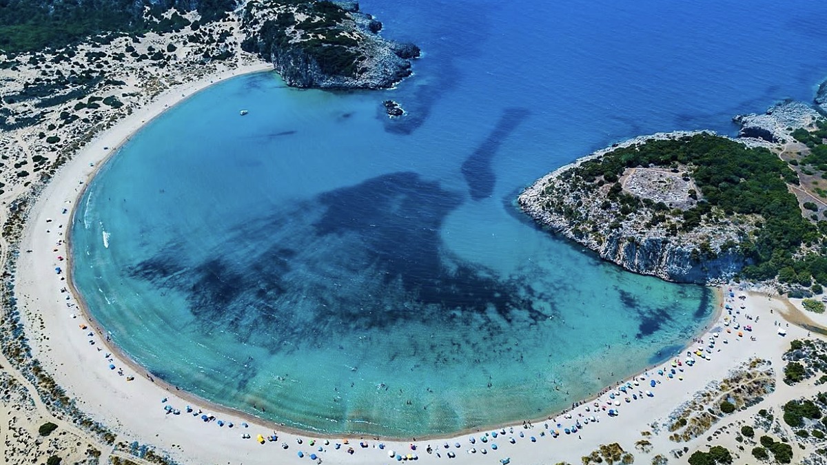 The omega-shaped golden sand bay of Voidokilia on the western Peloponnese