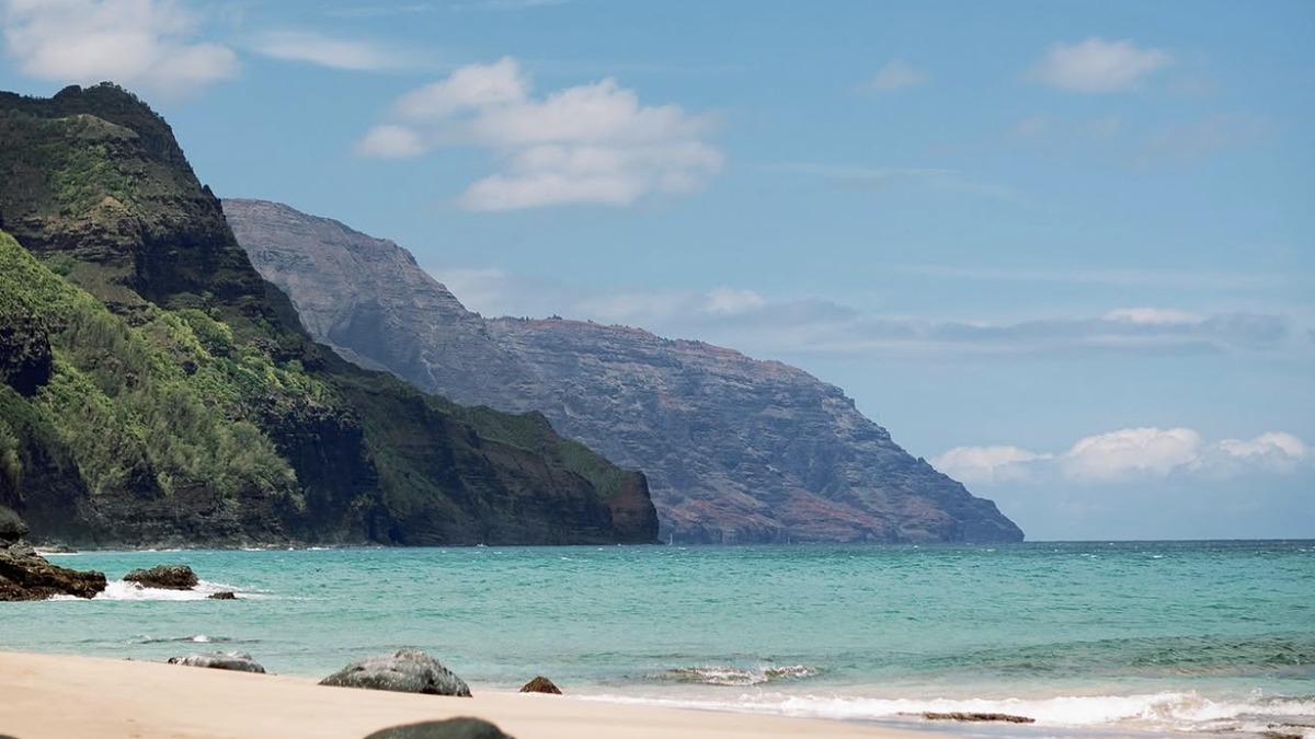Ke'e Beach lagoon with the Na Pali cliffs rising behind it