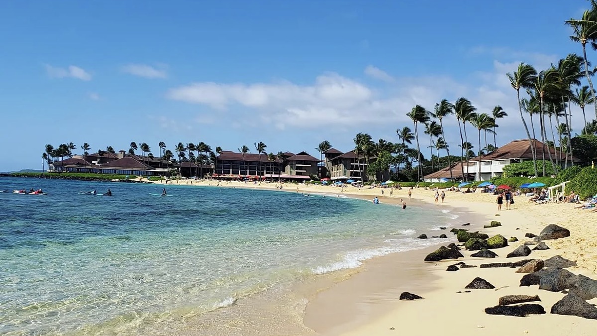 Poipu Beach with the sand tombolo dividing the protected swim area