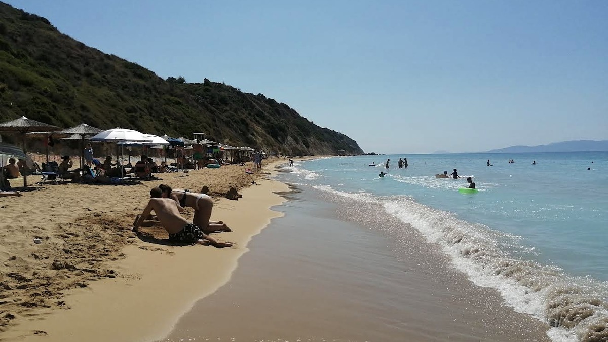 Avithos Beach on the south coast near Argostoli, a small sandy cove with calm water and easy access