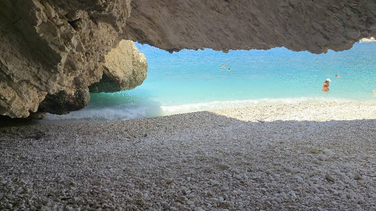 Myrtos Beach on the northwest coast of Kefalonia, the white-pebble crescent and turquoise water seen from the shore