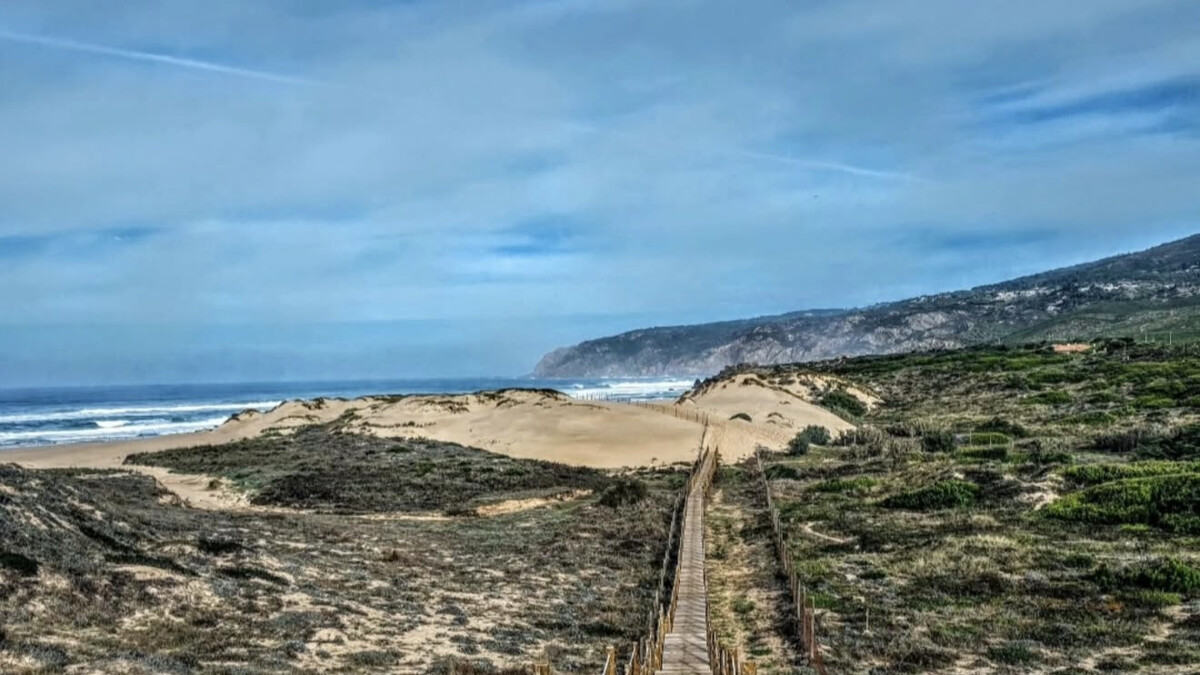 Praia do Guincho's windswept dune-backed beach, a boardwalk leading through the dunes with the Sintra hills behind