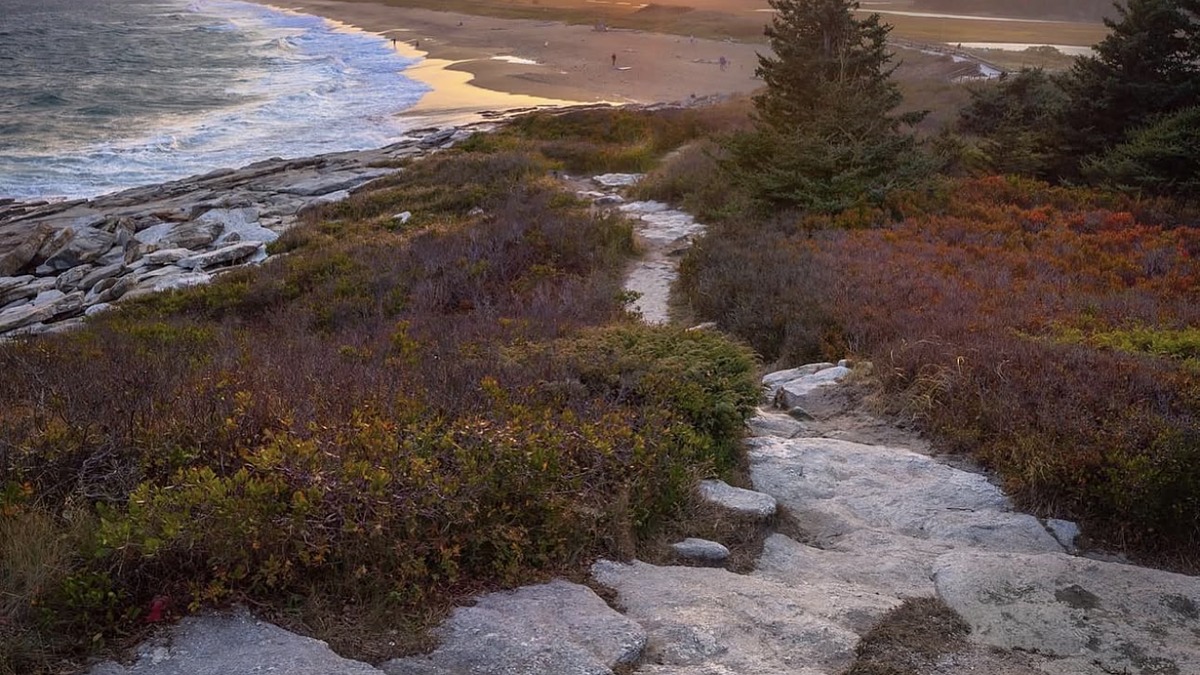 Reid State Park Maine with Mile Beach sand meeting granite outcroppings and pine forest behind