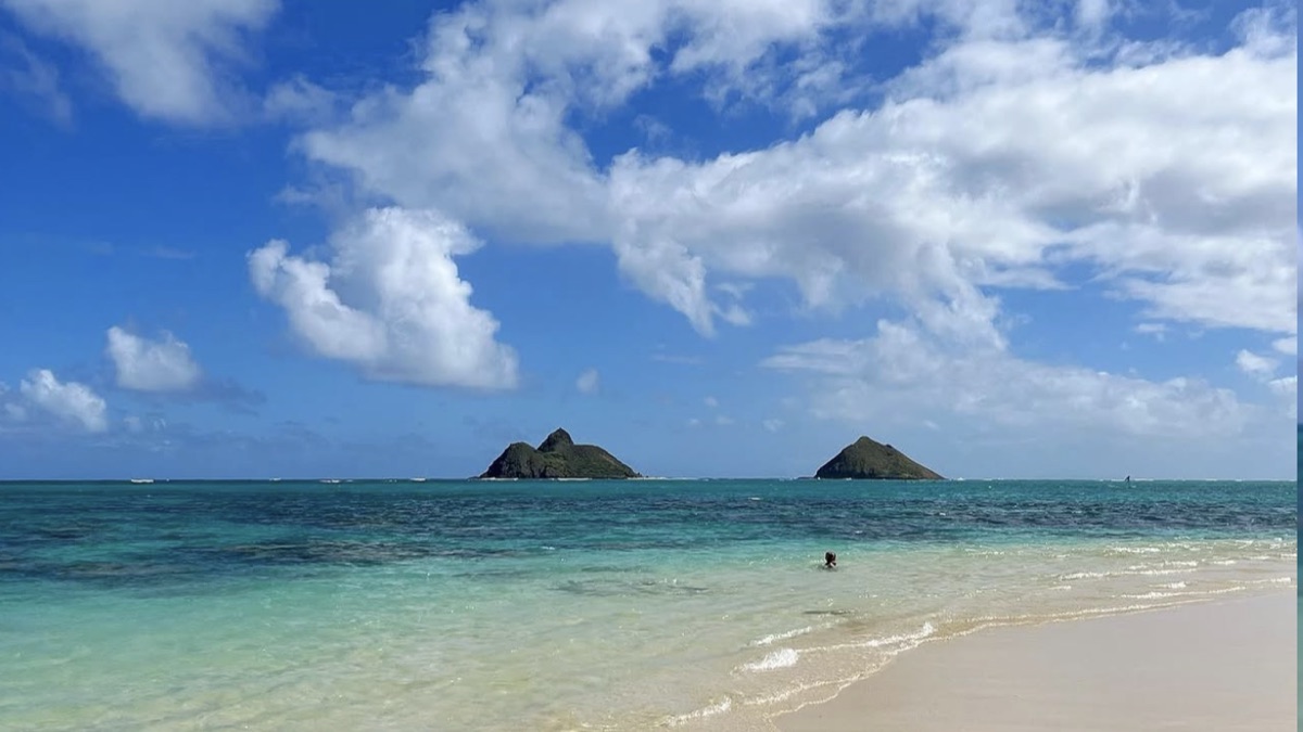 Lanikai Beach with the two Mokulua islands offshore in turquoise water