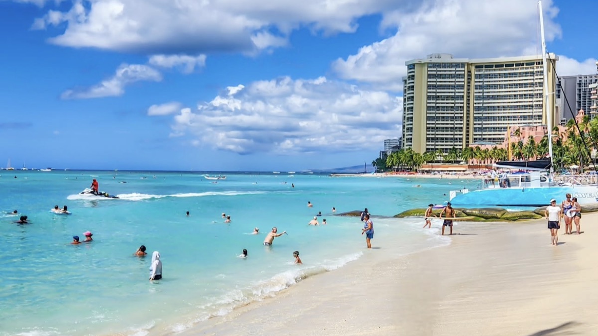 Waikiki Beach with Diamond Head crater rising in the background