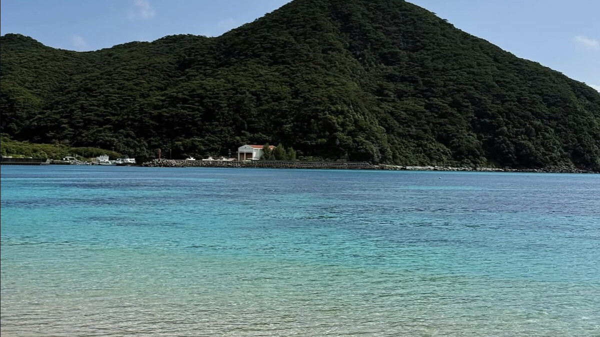 Aharen Beach on Tokashiki, an 800m white sand cove with gentle water, a few dive boats moored and low guesthouses behind the treeline