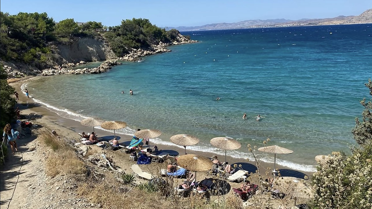 Glystra Beach near Lardos, a small protected sandy bay with calm water south of Lindos on Rhodes