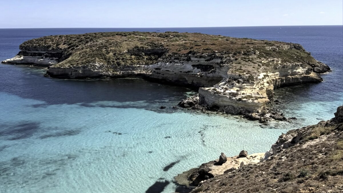 Rabbit Beach on Lampedusa, the green offshore islet of Isola dei Conigli rising from brilliant Caribbean-blue water above a pale sandy seabed, framed by the rocky shore