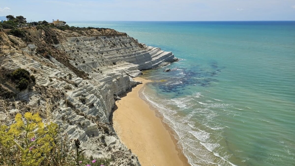 Scala dei Turchi near Agrigento, the staircase of brilliant white marl cliffs curving down to a sandy beach and green-blue sea, with wildflowers in the foreground