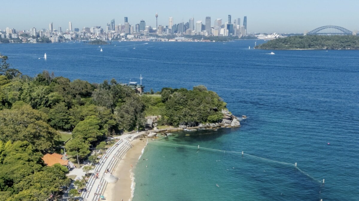 Aerial of Nielsen Park's Shark Beach in Sydney Harbour, a netted swimming cove backed by green parkland, with the city skyline and the Harbour Bridge across the water