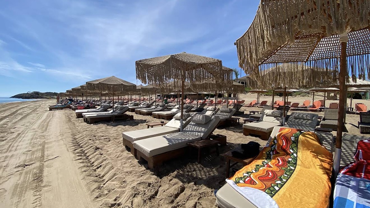 Banana Beach on the southeast coast, the long sandy stretch that is the largest beach in Zakynthos