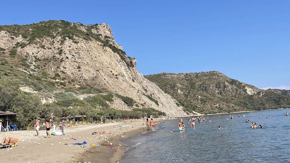 Dafni Beach on the southern turtle coast of Zakynthos, a quiet marine-park nesting beach with golden sand