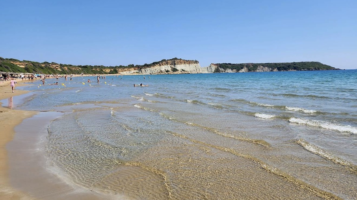 Gerakas Beach on the southeast tip of Zakynthos with red-clay cliffs above golden sand and calm clear water