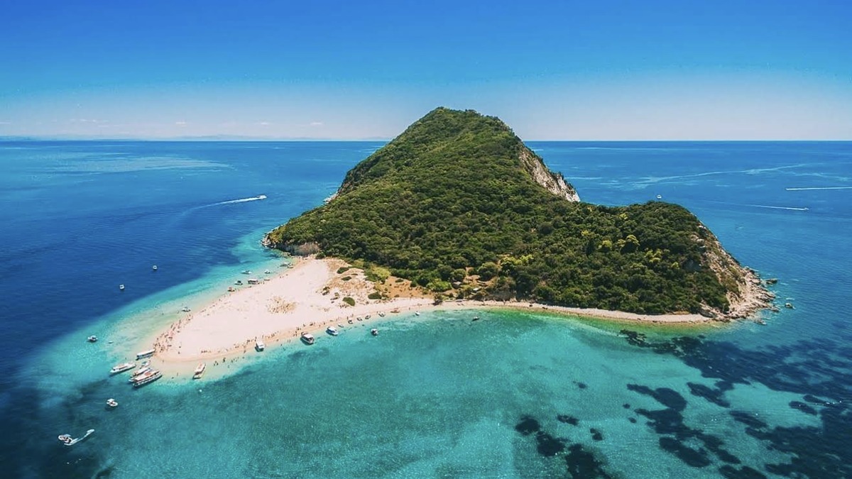 Marathonisi (Turtle Island) in Laganas Bay with its sandy beach and protected turquoise water