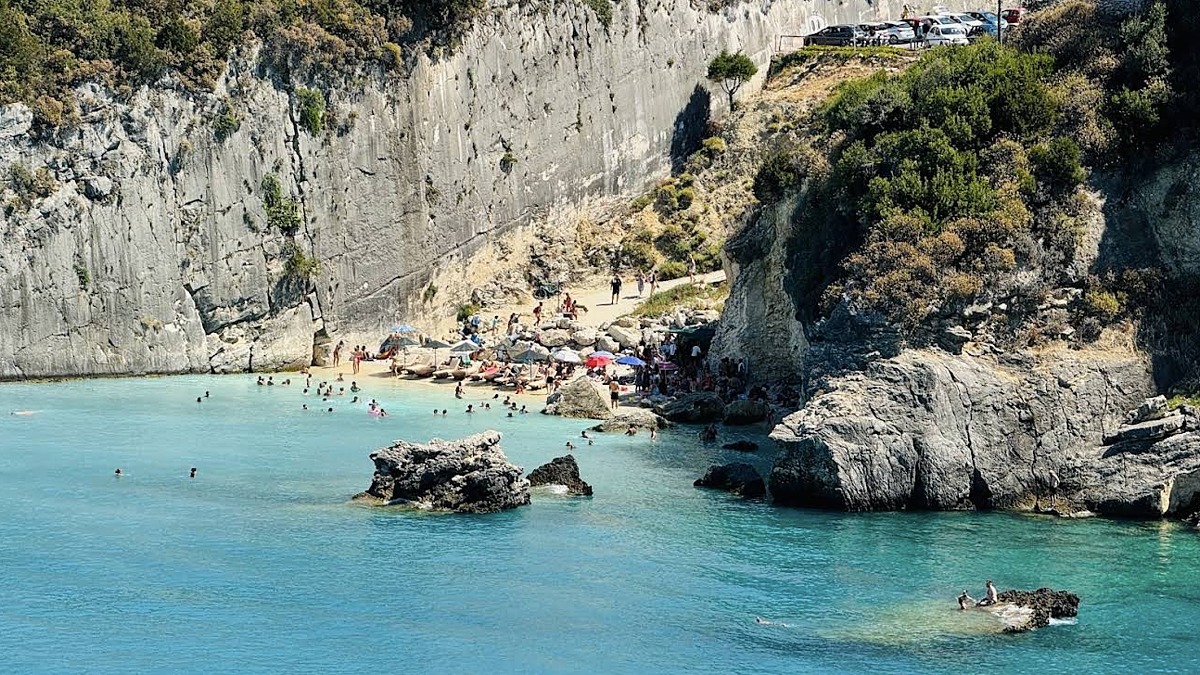 Xigia Beach, a small pebble cove on the north coast of Zakynthos with milky-blue sulphur-spring water