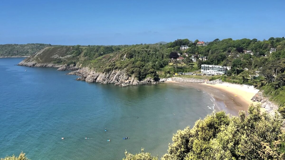 Caswell Bay on the Gower peninsula, swimmers in the clear green shallows of the sandy cove between wooded headlands, houses on the hill behind