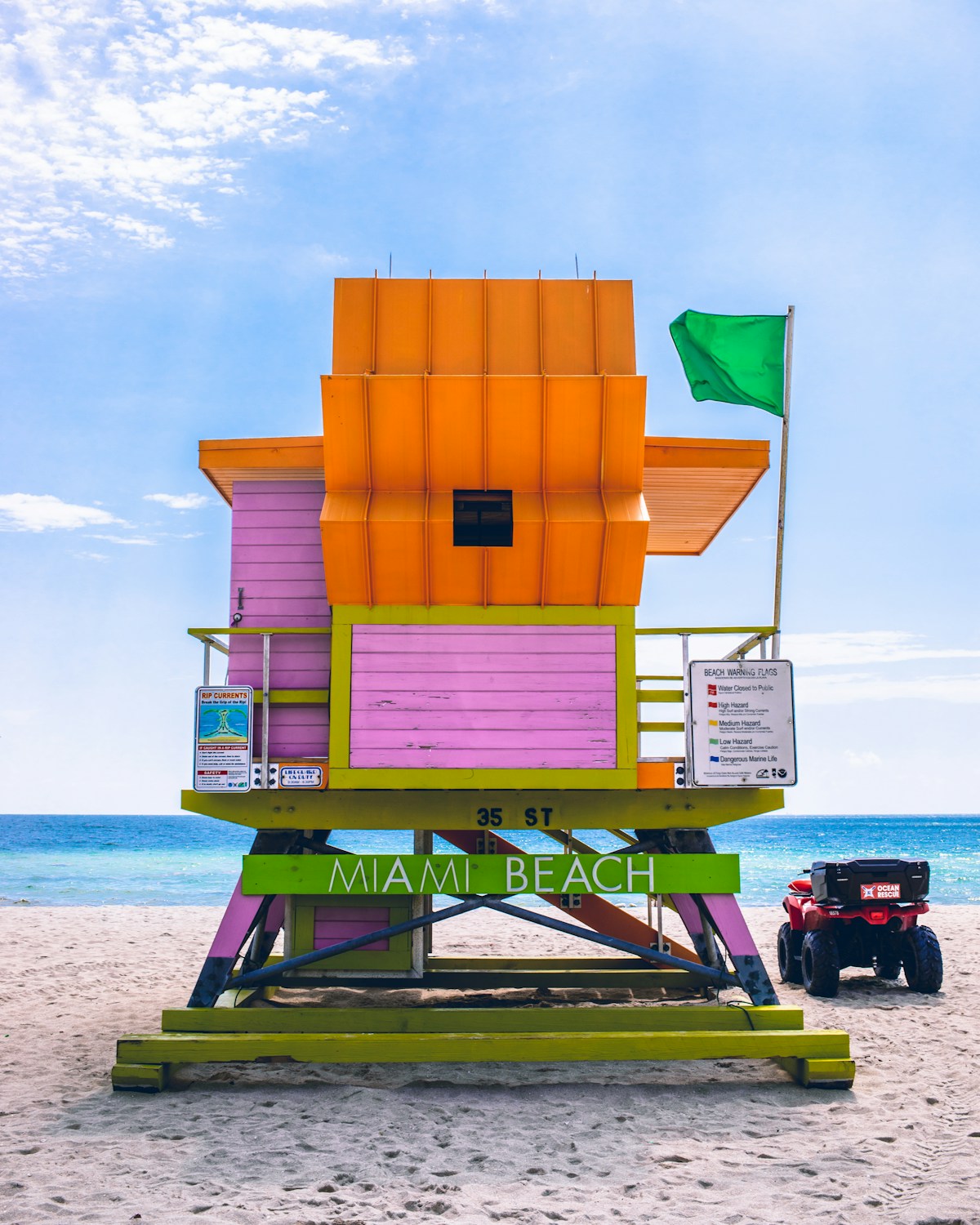 Miami Beach lifeguard stand flying a green flag on a sunny day