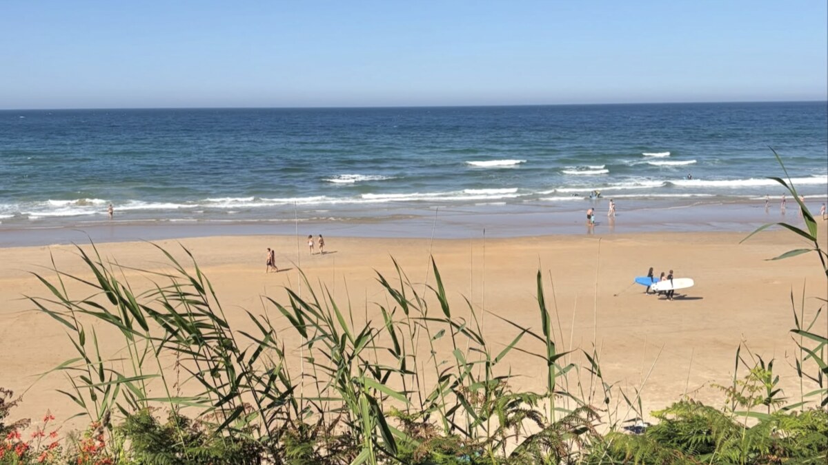Surfers carrying boards across the wide flat sand of Playa de Oyambre in Cantabria