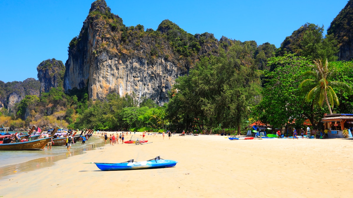 Dramatic limestone cliffs rising from turquoise water at Railay Beach, Krabi
