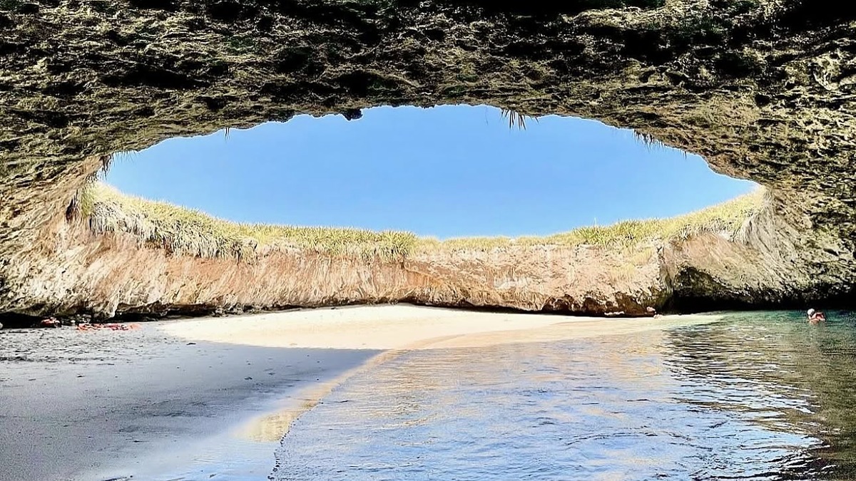 A hidden beach inside a collapsed volcanic crater in the Marieta Islands off Puerto Vallarta, Mexico