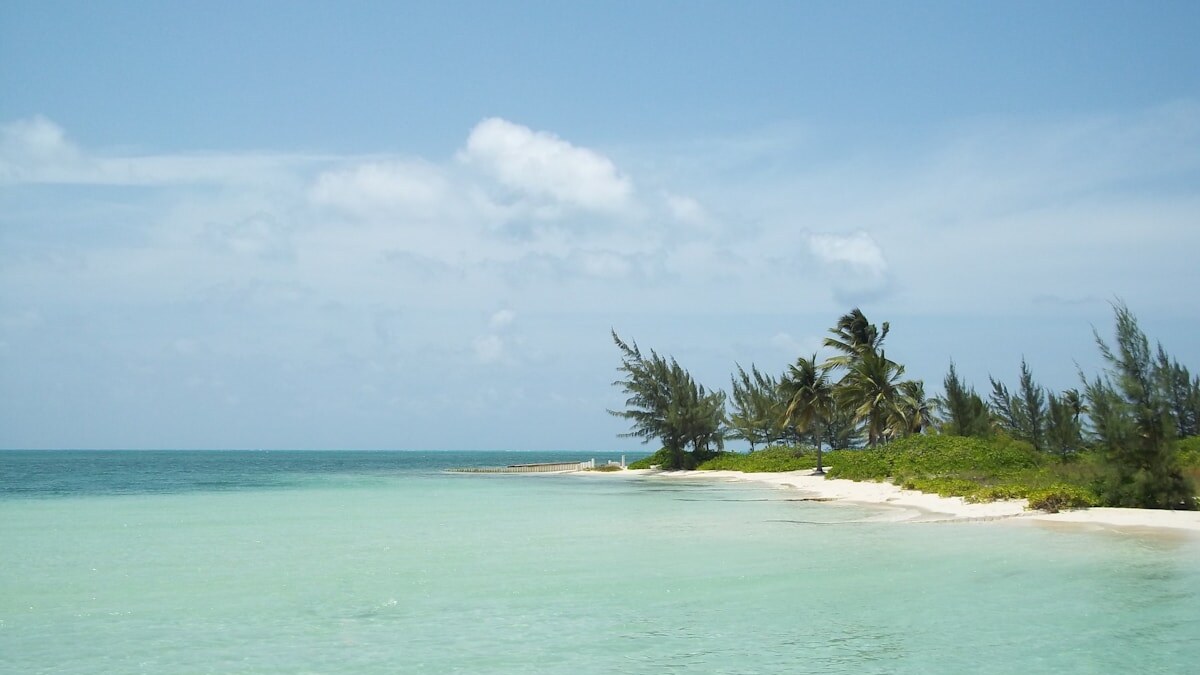 White sand and clear turquoise water along Seven Mile Beach in Grand Cayman with resort buildings visible in the background